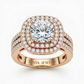 Rose Gold Cushion Cut Double Halo Engagement Ring With Four Prong Setting And Diamond Pavé Split Band
