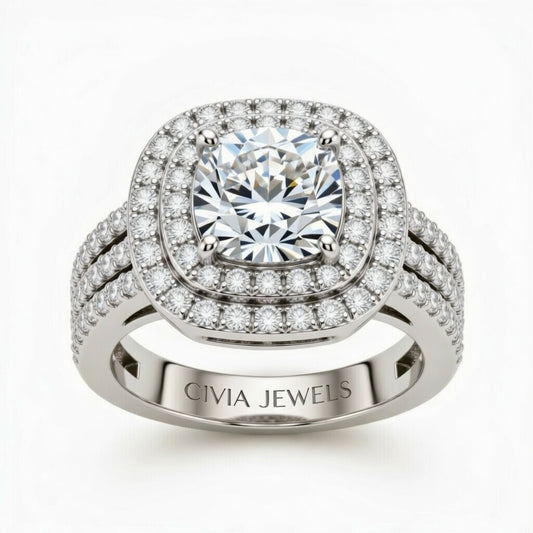 White Gold Cushion Cut Double Halo Engagement Ring With Four Prong Setting And Diamond Pavé Split Band