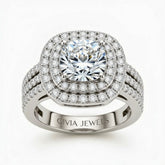 Silver Cushion Cut Double Halo Engagement Ring With Four Prong Setting And Diamond Pavé Split Band