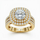 Yellow Gold Cushion Cut Double Halo Engagement Ring With Four Prong Setting And Diamond Pavé Split Band