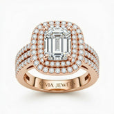 Rose Gold Emerald Cut Double Halo Engagement Ring With Four Prong Setting And Diamond Pavé Split Band