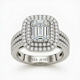 White Gold Emerald Cut Double Halo Engagement Ring With Four Prong Setting And Diamond Pavé Split Band