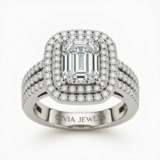 White Gold Emerald Cut Double Halo Engagement Ring With Four Prong Setting And Diamond Pavé Split Band