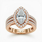 Rose Gold Marquise Cut Double Halo Engagement Ring With Four Prong Setting And Diamond Pavé Split Band