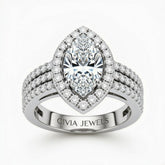 White Gold Marquise Cut Double Halo Engagement Ring With Four Prong Setting And Diamond Pavé Split Band