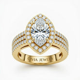 Yellow Gold Marquise Cut Double Halo Engagement Ring With Four Prong Setting And Diamond Pavé Split Band