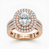 Rose Gold Oval Cut Double Halo Engagement Ring With Four Prong Setting And Diamond Pavé Split Band