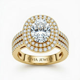 Yellow Gold Oval Cut Double Halo Engagement Ring With Four Prong Setting And Diamond Pavé Split Band