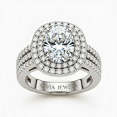 Silver Oval Cut Double Halo Engagement Ring With Four Prong Setting And Diamond Pavé Split Band