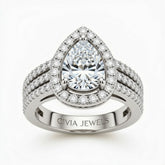 White Gold Pear Cut Double Halo Engagement Ring With Four Prong Setting And Diamond Pavé Split Band