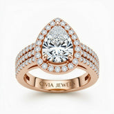Rose Gold Pear Cut Double Halo Engagement Ring With Four Prong Setting And Diamond Pavé Split Band