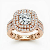Rose Gold Princess Cut Double Halo Engagement Ring With Four Prong Setting And Diamond Pavé Split Band