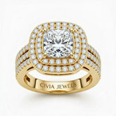Yellow Gold Princess Cut Double Halo Engagement Ring With Four Prong Setting And Diamond Pavé Split Band