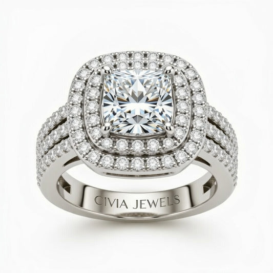 Silver Princess Cut Double Halo Engagement Ring With Four Prong Setting And Diamond Pavé Split Band