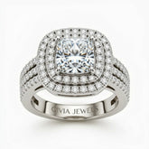 Silver Princess Cut Double Halo Engagement Ring With Four Prong Setting And Diamond Pavé Split Band