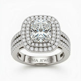 Silver Radiant Cut Double Halo Engagement Ring With Four Prong Setting And Diamond Pavé Split Band