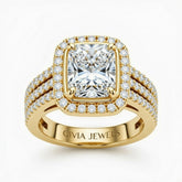 Yellow Gold Radiant Cut Double Halo Engagement Ring With Four Prong Setting And Diamond Pavé Split Band