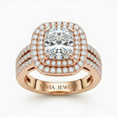 Rose Gold Radiant Cut Double Halo Engagement Ring With Four Prong Setting And Diamond Pavé Split Band