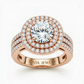 Rose Gold Round Cut Double Halo Engagement Ring With Four Prong Setting And Diamond Pavé Split Band