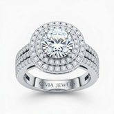 Silver Round Cut Double Halo Engagement Ring With Four Prong Setting And Diamond Pavé Split Band