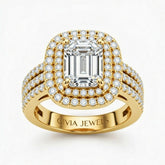Yellow Gold Emerald Cut Double Halo Engagement Ring With Four Prong Setting And Diamond Pavé Split Band