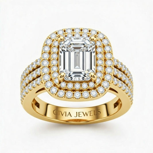 Yellow Gold Emerald Cut Double Halo Engagement Ring With Four Prong Setting And Diamond Pavé Split Band