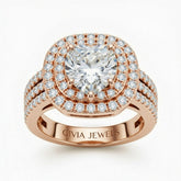 Rose Gold Heart Cut Double Halo Engagement Ring With Four Prong Setting And Diamond Pavé Split Band