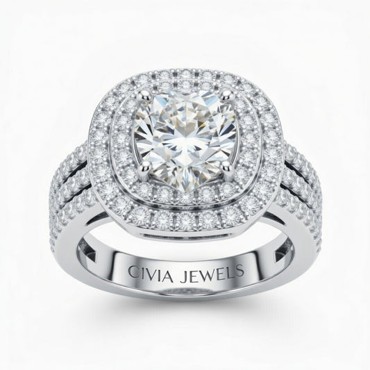 White Gold Heart Cut Double Halo Engagement Ring With Four Prong Setting And Diamond Pavé Split Band