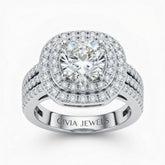 Silver Heart Cut Double Halo Engagement Ring With Four Prong Setting And Diamond Pavé Split Band