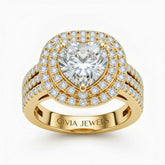 Yellow Gold Heart Cut Double Halo Engagement Ring With Four Prong Setting And Diamond Pavé Split Band