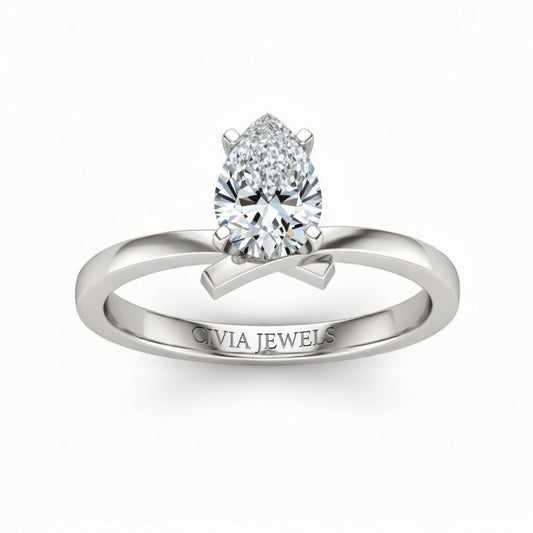 Silver Pear Diamond Solitaire Engagement Ring With Modern Twist Shank