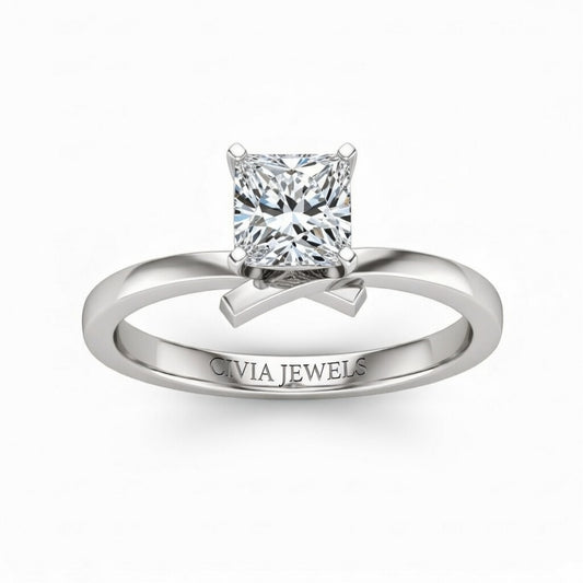 Silver Princess Diamond Solitaire Engagement Ring With Modern Twist Shank