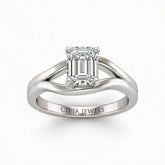 Silver Emerald Cut Solitaire Engagement Ring with Contemporary Bypass Shank