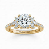 Yellow Gold Cushion Cut Engagement Ring With Marquise Diamond Floral Side Clusters And Pavé Band