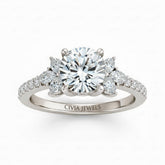 Silver Cushion Cut Engagement Ring With Marquise Diamond Floral Side Clusters And Pavé Band