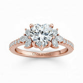 Rose Gold Heart Cut Engagement Ring With Marquise Diamond Floral Side Clusters And Pavé Band