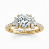 Yellow Gold Heart Cut Engagement Ring With Marquise Diamond Floral Side Clusters And Pavé Band