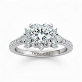 Silver Heart Cut Engagement Ring With Marquise Diamond Floral Side Clusters And Pavé Band