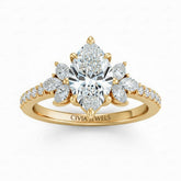 Yellow Gold Marquise Cut Engagement Ring With Marquise Diamond Floral Side Clusters And Pavé Band
