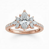 Rose Gold Marquise Cut Engagement Ring With Marquise Diamond Floral Side Clusters And Pavé Band