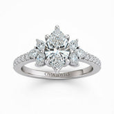 Silver Marquise Cut Engagement Ring With Marquise Diamond Floral Side Clusters And Pavé Band