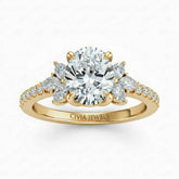 Yellow Gold Oval Cut Engagement Ring With Marquise Diamond Floral Side Clusters And Pavé Band