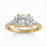 Yellow Gold Princess Cut Engagement Ring With Marquise Diamond Floral Side Clusters And Pavé Band