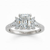 Silver Radiant Cut Engagement Ring With Marquise Diamond Floral Side Clusters And Pavé Band