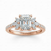 Rose Gold Radiant Cut Engagement Ring With Marquise Diamond Floral Side Clusters And Pavé Band