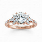 Rose Gold Round Cut Engagement Ring With Marquise Diamond Floral Side Clusters And Pavé Band