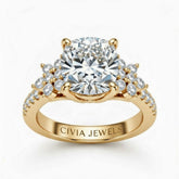 Yellow Gold Cushion Cut Engagement Ring With Floral Diamond Cluster Sides And Pavé Band