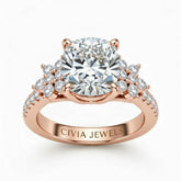 Rose Gold Cushion Cut Engagement Ring With Floral Diamond Cluster Sides And Pavé Band