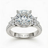 Silver Cushion Cut Engagement Ring With Floral Diamond Cluster Sides And Pavé Band