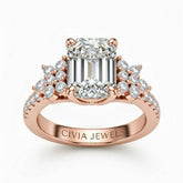 Rose Gold Emerald Cut Engagement Ring With Floral Diamond Cluster Sides And Pavé Band